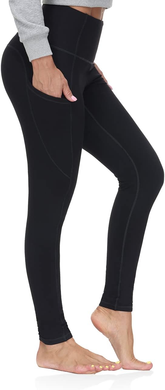 ALONG FIT Fleece-Lined-Leggings with Pockets Yoga-Pants Black Gym Workout Ski Snow Tights Thermal Winter Warm