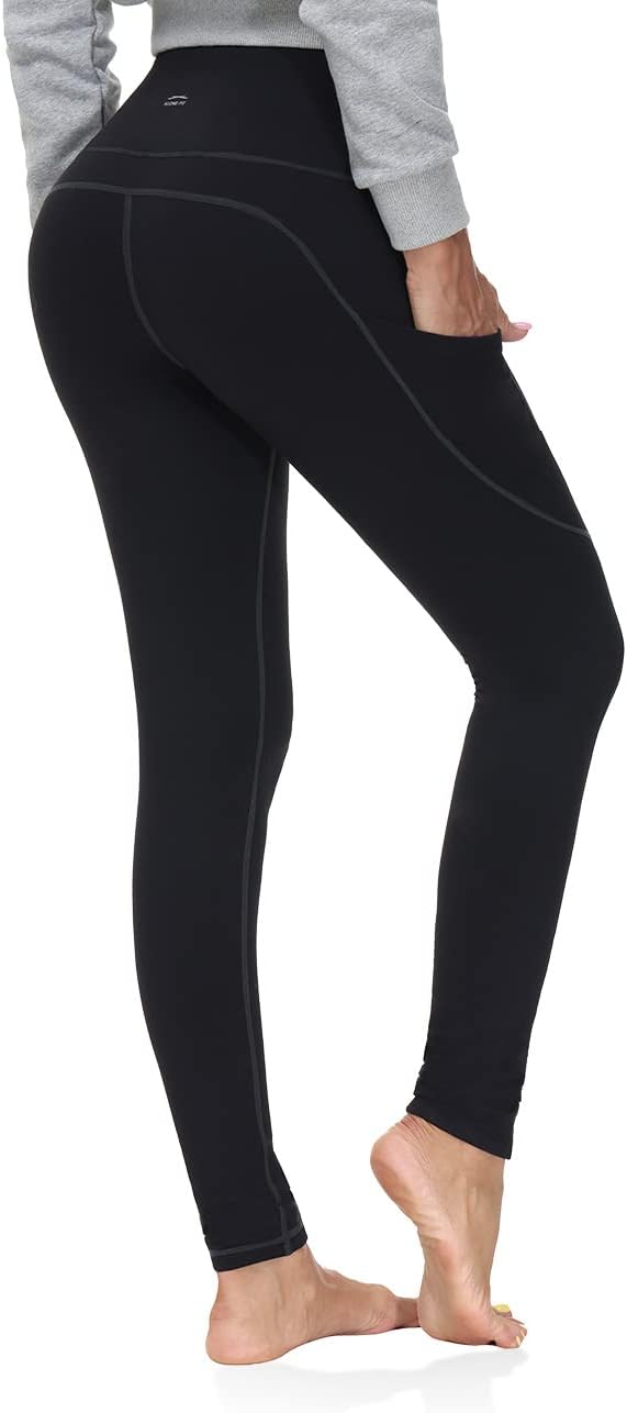 ALONG FIT Fleece-Lined-Leggings with Pockets Yoga-Pants Black Gym Workout Ski Snow Tights Thermal Winter Warm