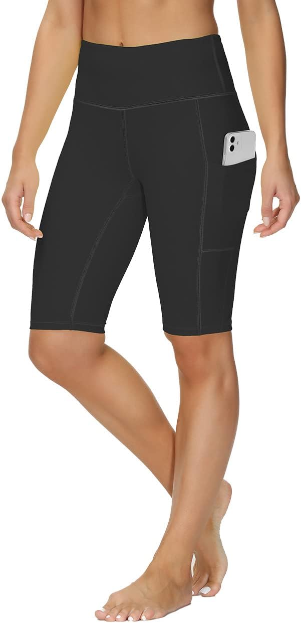 ALONG FIT 11" Biker Shorts for Women with Pockets High Waisted Yoga Running Workout Gym Short Tummy Control Black