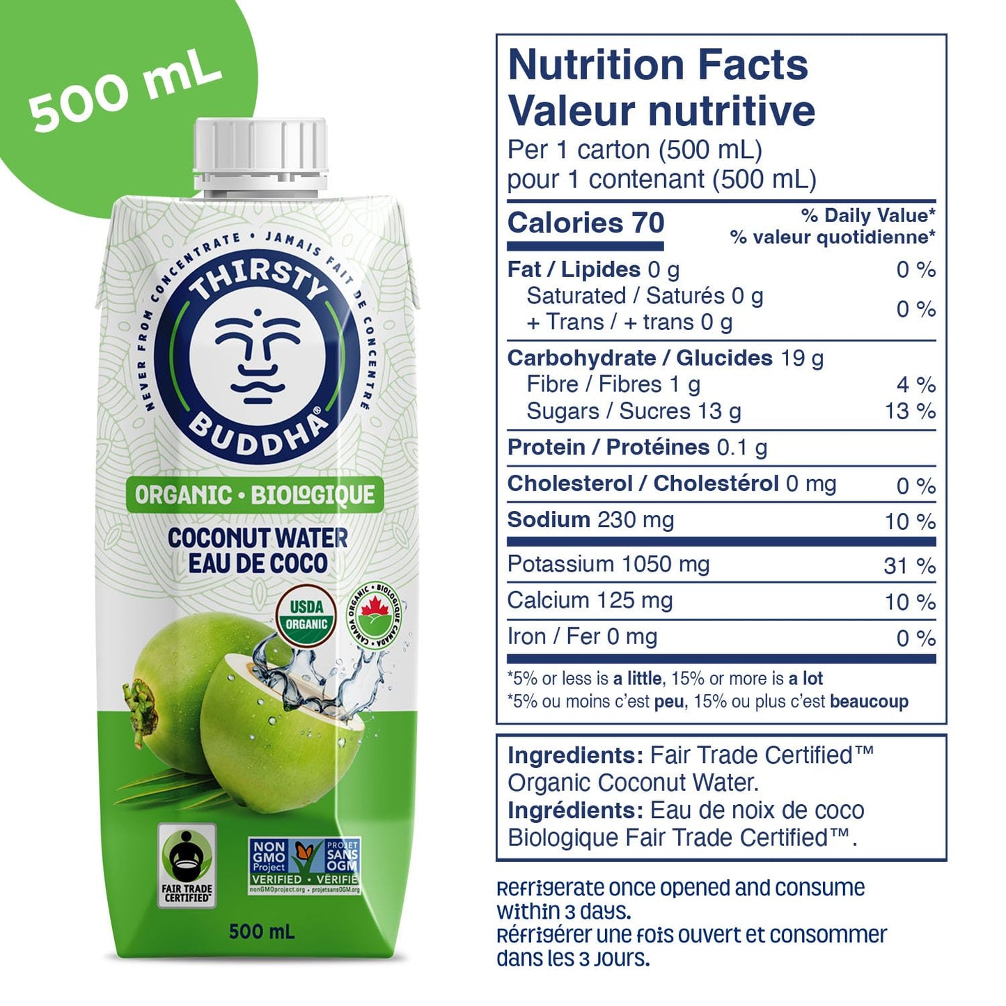 THIRSTY BUDDHA Coconut Water - Pure Coconut Water- Premium Coconut Water- Organic Coconut Water- Fair Trade Certified Coconut Water- All Natural Hydration – Electrolytes – Sports Drink- No Added Sugar– Vegan –Non-GMO Coconut Water, 500ml (12/500ml)
