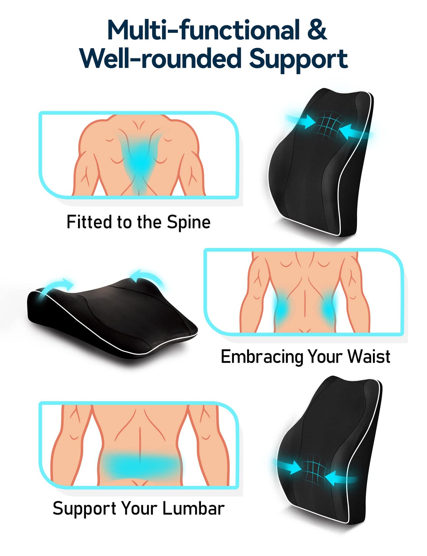 Ergonomic Lumbar Support Cushion, TRAVEL EASE Memory Foam Back Support Cushion for Office Chairs with Skin-Friendly Cover for Comfort Black