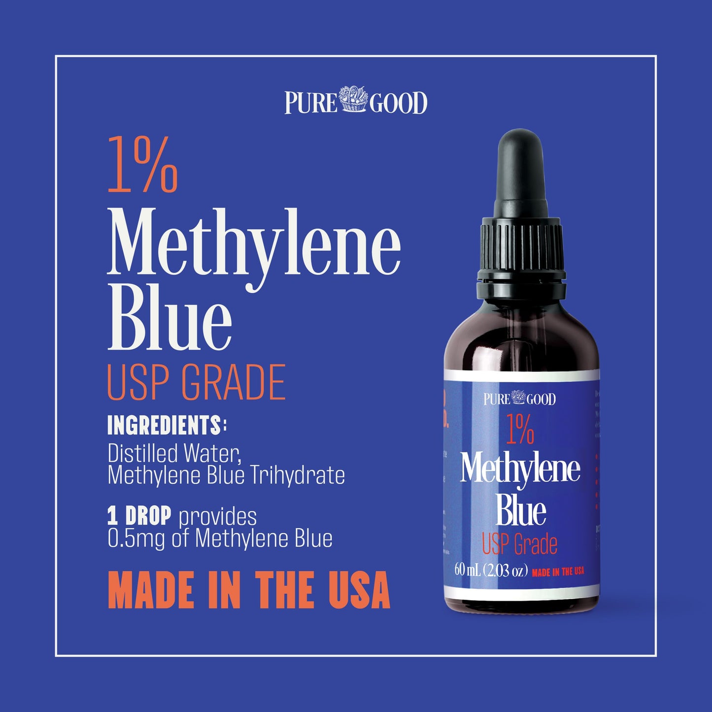 2 Pack Pharmaceutical Grade Methylene Blue 1% (60 mL), Third-Party Tested USP-Grade Methylene Blue for Humans, Formaldehyde and Alcohol Free Methylene Blue Pharmaceutical Grade in Amber Dropper Bottle
