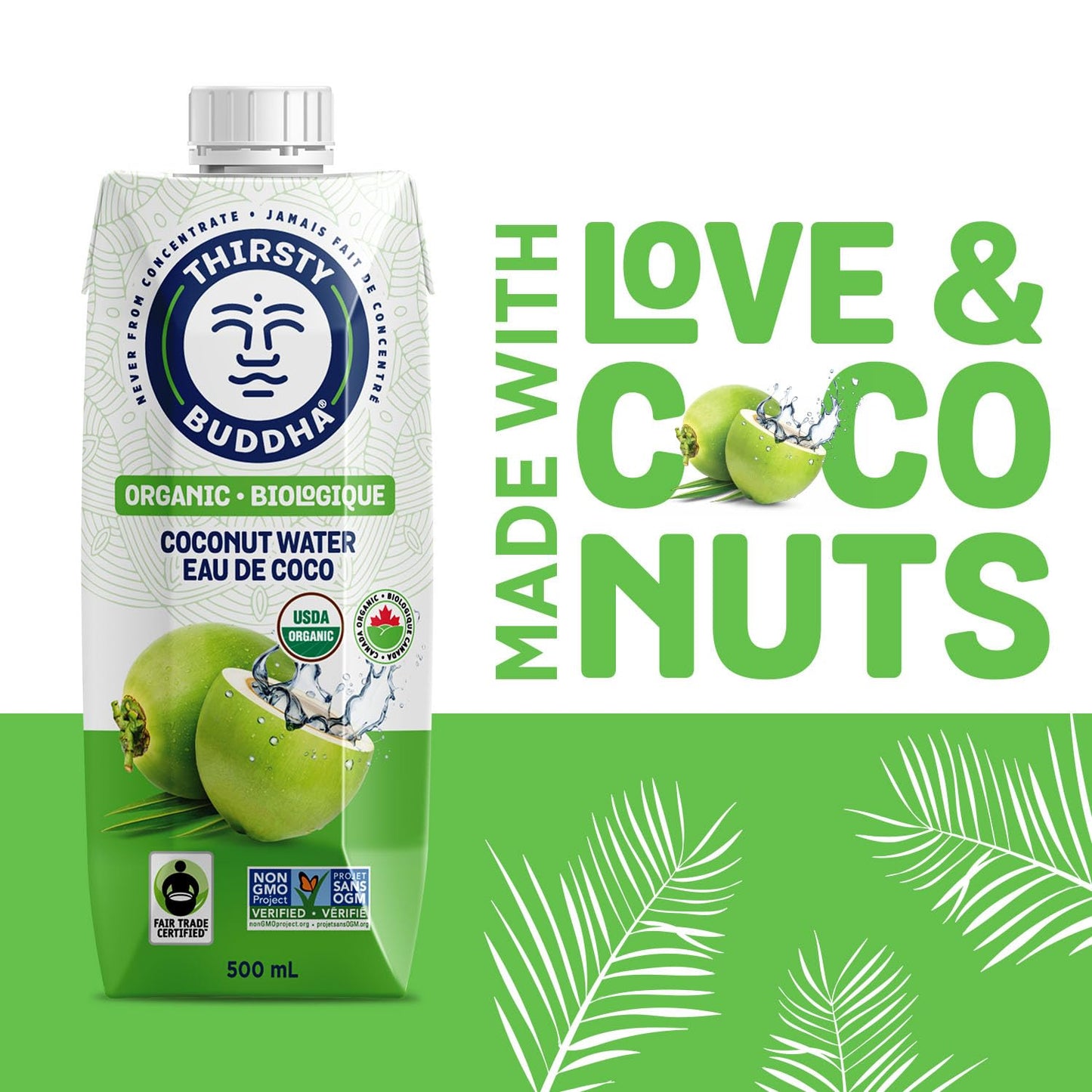 THIRSTY BUDDHA Coconut Water - Pure Coconut Water- Premium Coconut Water- Organic Coconut Water- Fair Trade Certified Coconut Water- All Natural Hydration – Electrolytes – Sports Drink- No Added Sugar– Vegan –Non-GMO Coconut Water, 500ml (12/500ml)