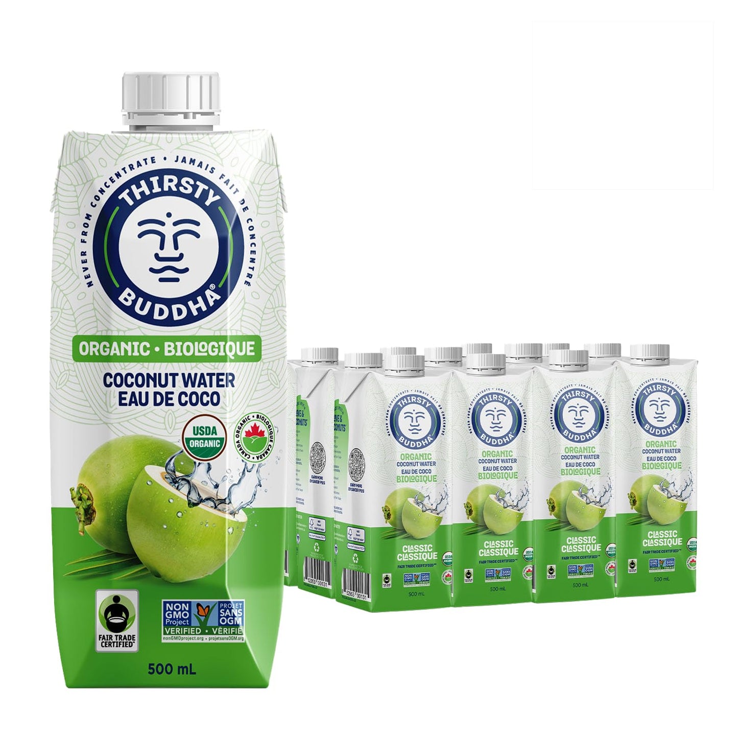 THIRSTY BUDDHA Coconut Water - Pure Coconut Water- Premium Coconut Water- Organic Coconut Water- Fair Trade Certified Coconut Water- All Natural Hydration – Electrolytes – Sports Drink- No Added Sugar– Vegan –Non-GMO Coconut Water, 500ml (12/500ml)