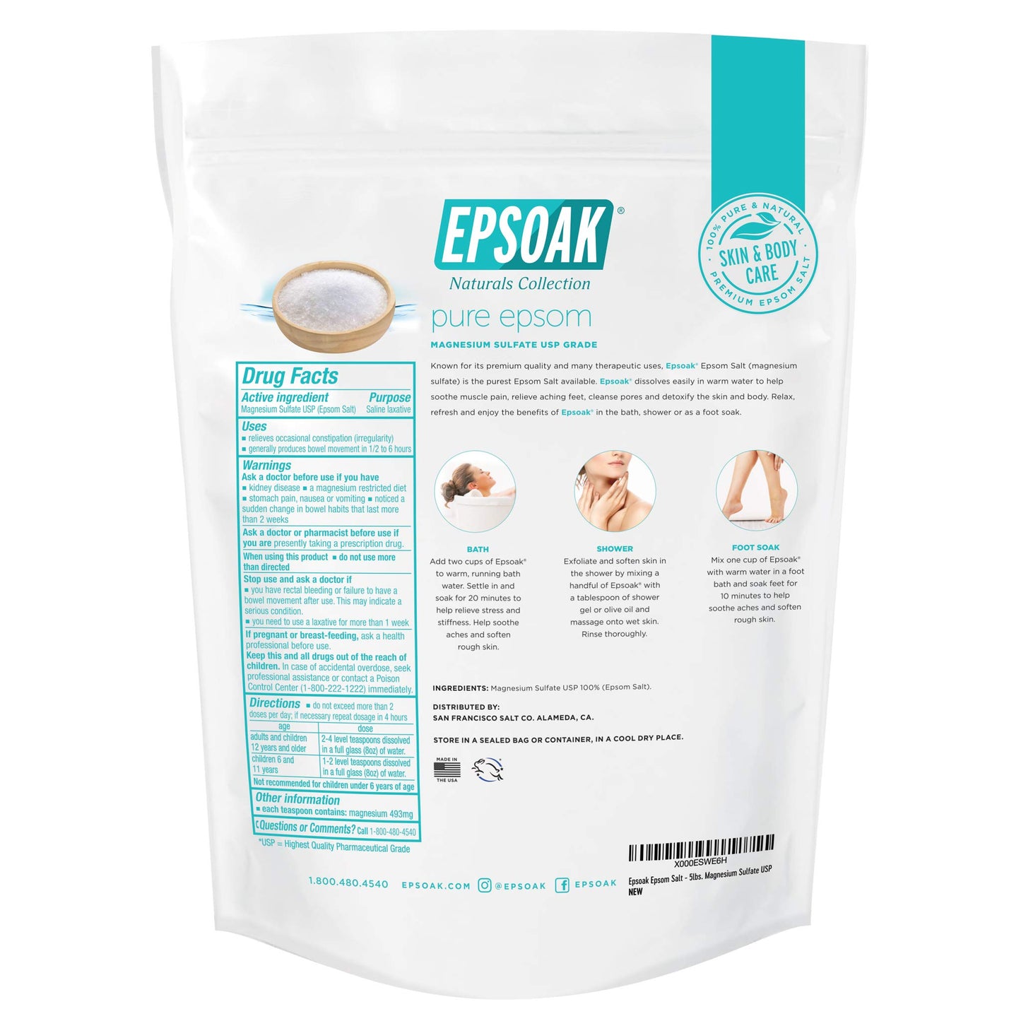 Epsoak Epsom Salt 5 Lbs - 100% Pure Magnesium Sulfate, Made in USA