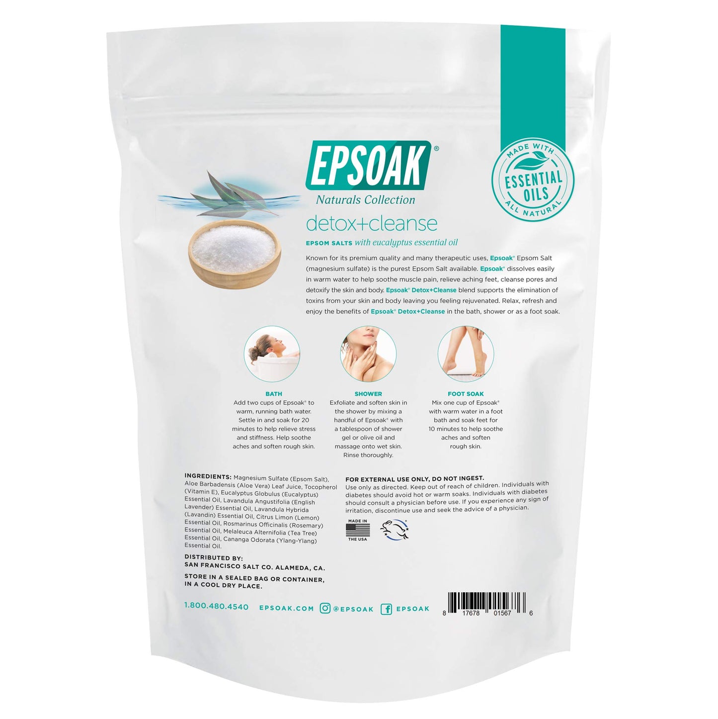 Epsoak Everyday Epsom Salts - 2 lbs. Detox + Cleanse Bath Salts - Scented Epsom Salt for Bath, Spa, Shower Feet