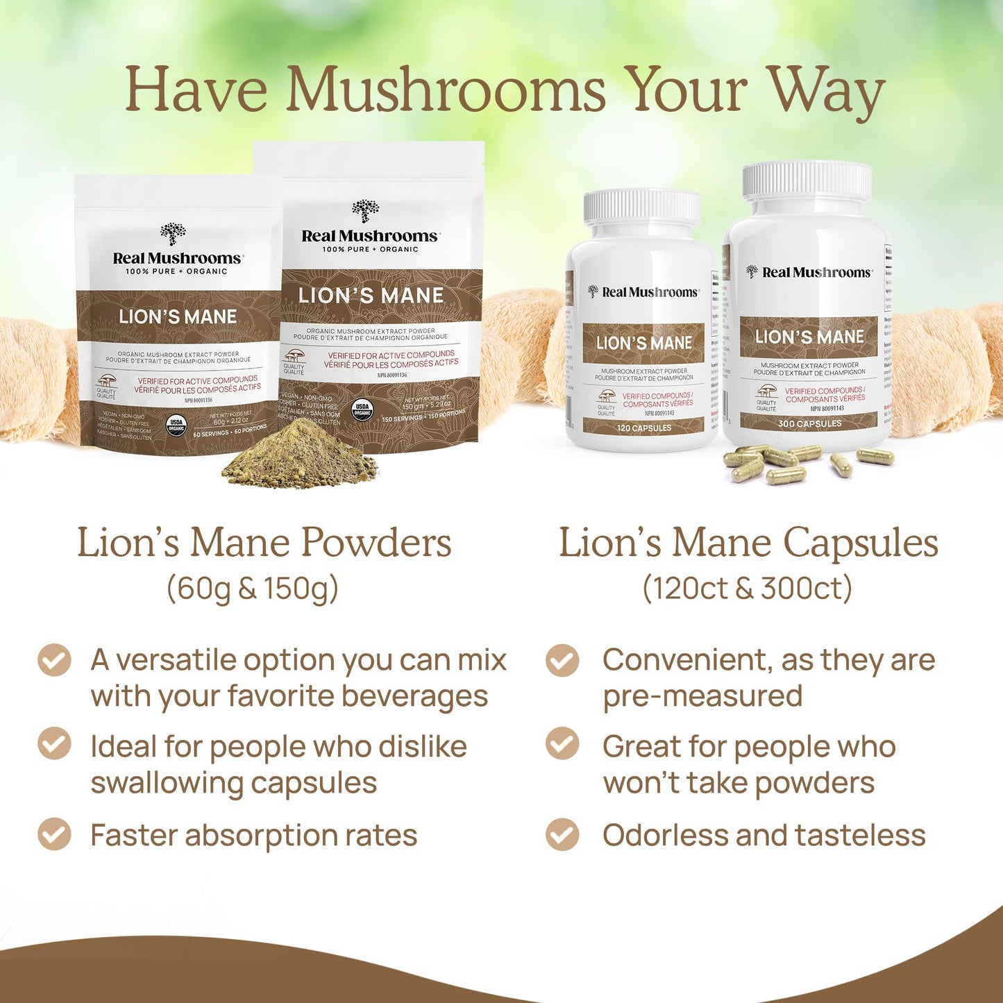 Real Mushrooms Lion’s Mane Powder - Organic Lions Mane Mushroom Extract with Immunomodulating Properties & Antioxidants - Vegan Mushroom Supplement, 60 Servings