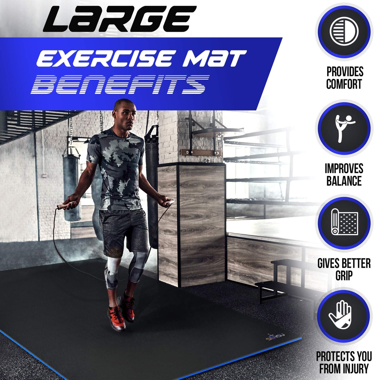Sensu Large Exercise Mat – 6’ x 4’ x 8.5mm Extra Thick Workout Mats for Home Gym Flooring - Perfect for Jump Rope, Weights, MMA, Cardio and Fitness – Durable High Density Non-Slip Workout Mat - Shoe Friendly
