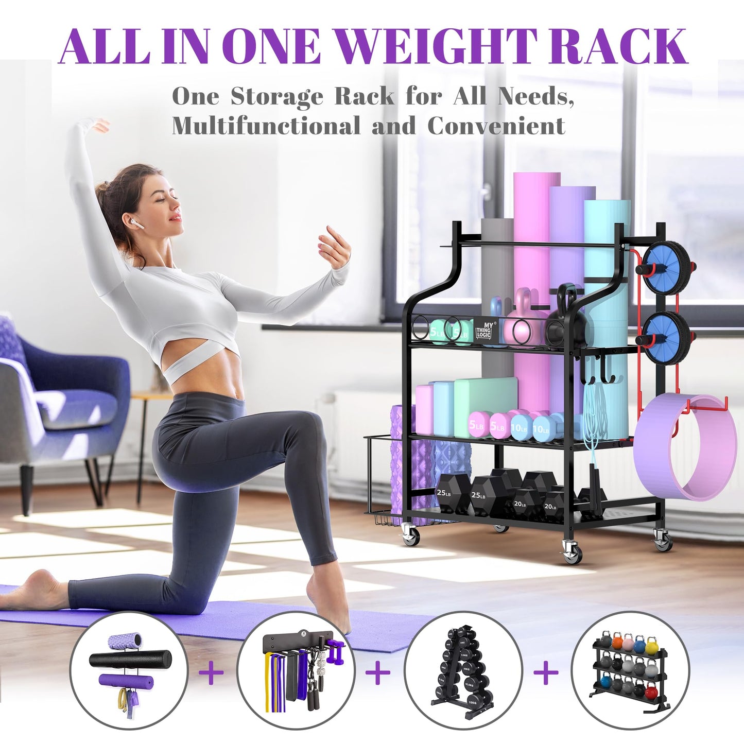 Mythinglogic Yoga Mat Storage Racks, Home Gym Storage Rack for Foam Roller, Resistance Band, Dumbbell, Kettlebell, Yoga Mat Holder, Workout Equipment Storage Organizer with Wheels and Hooks