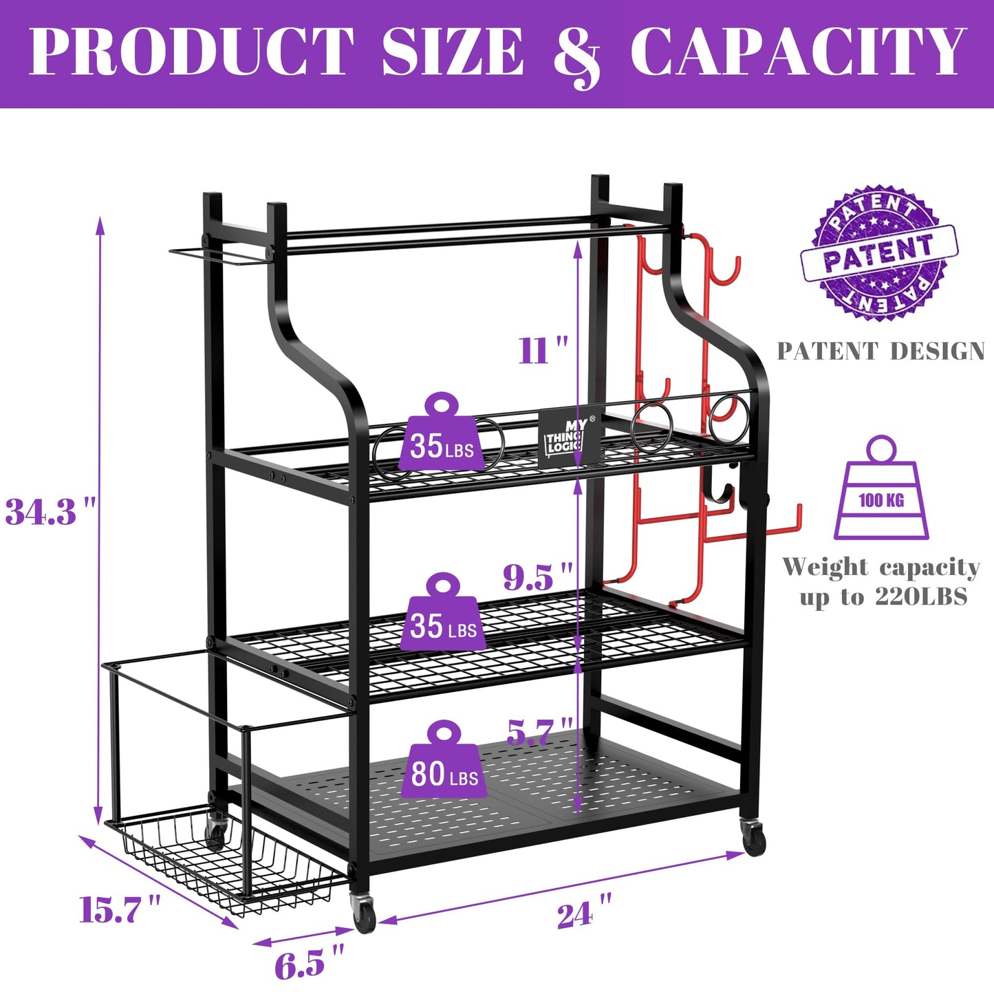 Mythinglogic Yoga Mat Storage Racks, Home Gym Storage Rack for Foam Roller, Resistance Band, Dumbbell, Kettlebell, Yoga Mat Holder, Workout Equipment Storage Organizer with Wheels and Hooks