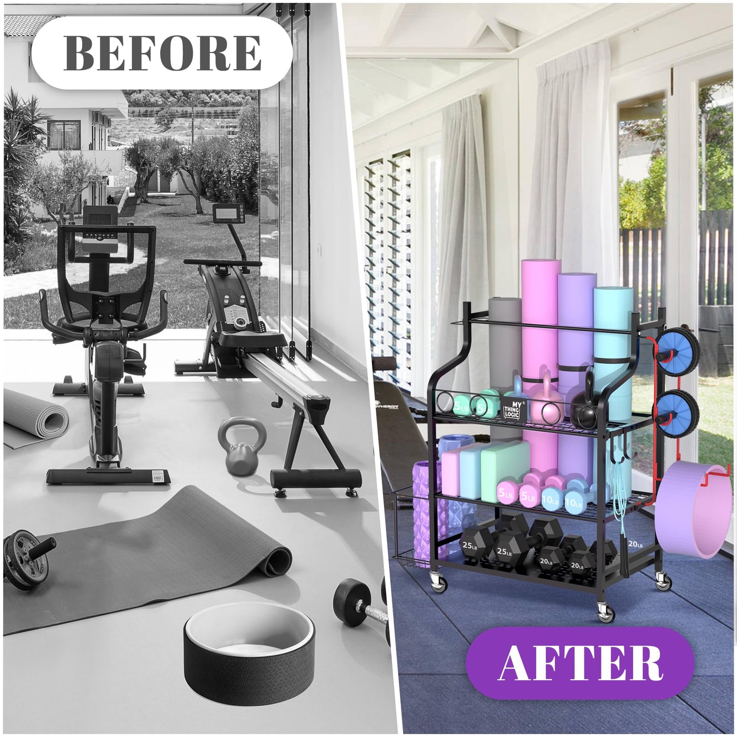 Mythinglogic Yoga Mat Storage Racks, Home Gym Storage Rack for Foam Roller, Resistance Band, Dumbbell, Kettlebell, Yoga Mat Holder, Workout Equipment Storage Organizer with Wheels and Hooks