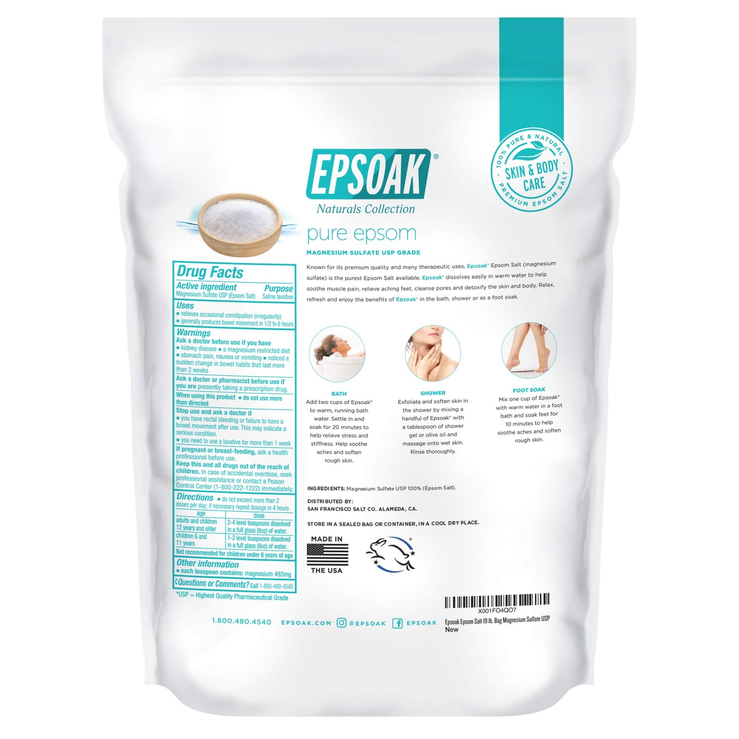 Epsoak Epsom Salt 19.75 Lbs - 100% Pure Magnesium Sulfate, Made in USA