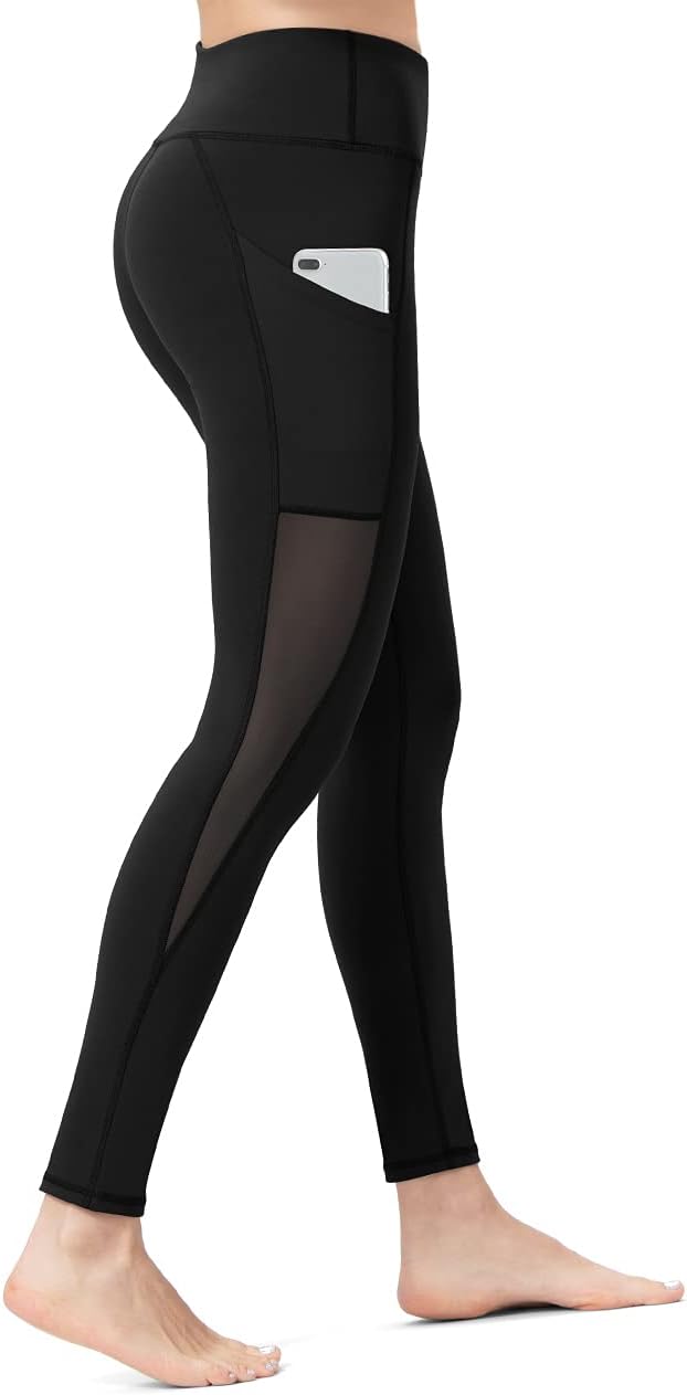 ALONG FIT Soft Mesh Yoga Pants with Side Pockets Workout High Waist Breathable Stretchy Leggings for Women, Black007