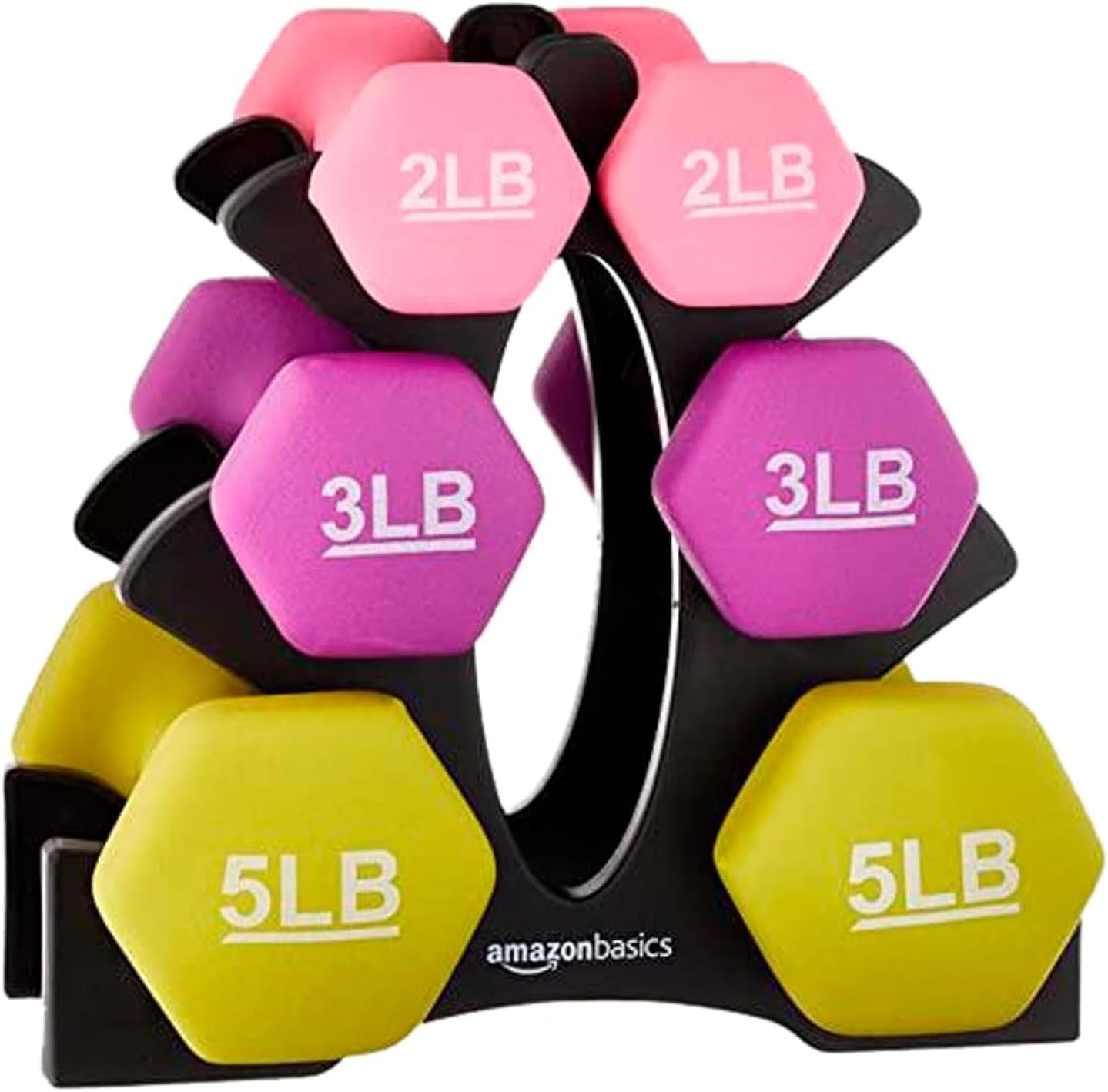 Amazon Basics Neoprene Hexagon Dumbbell Set with Stand; 20lbs total weight, Set of 6 (2, 3, 5 pound weights)