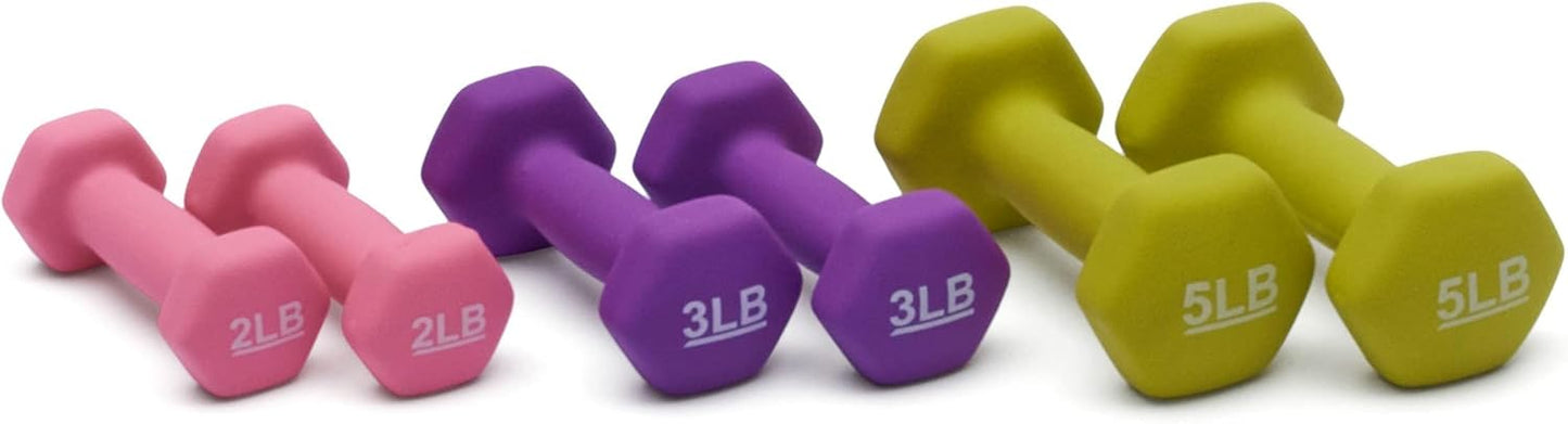 Amazon Basics Neoprene Hexagon Dumbbell Set with Stand; 20lbs total weight, Set of 6 (2, 3, 5 pound weights)