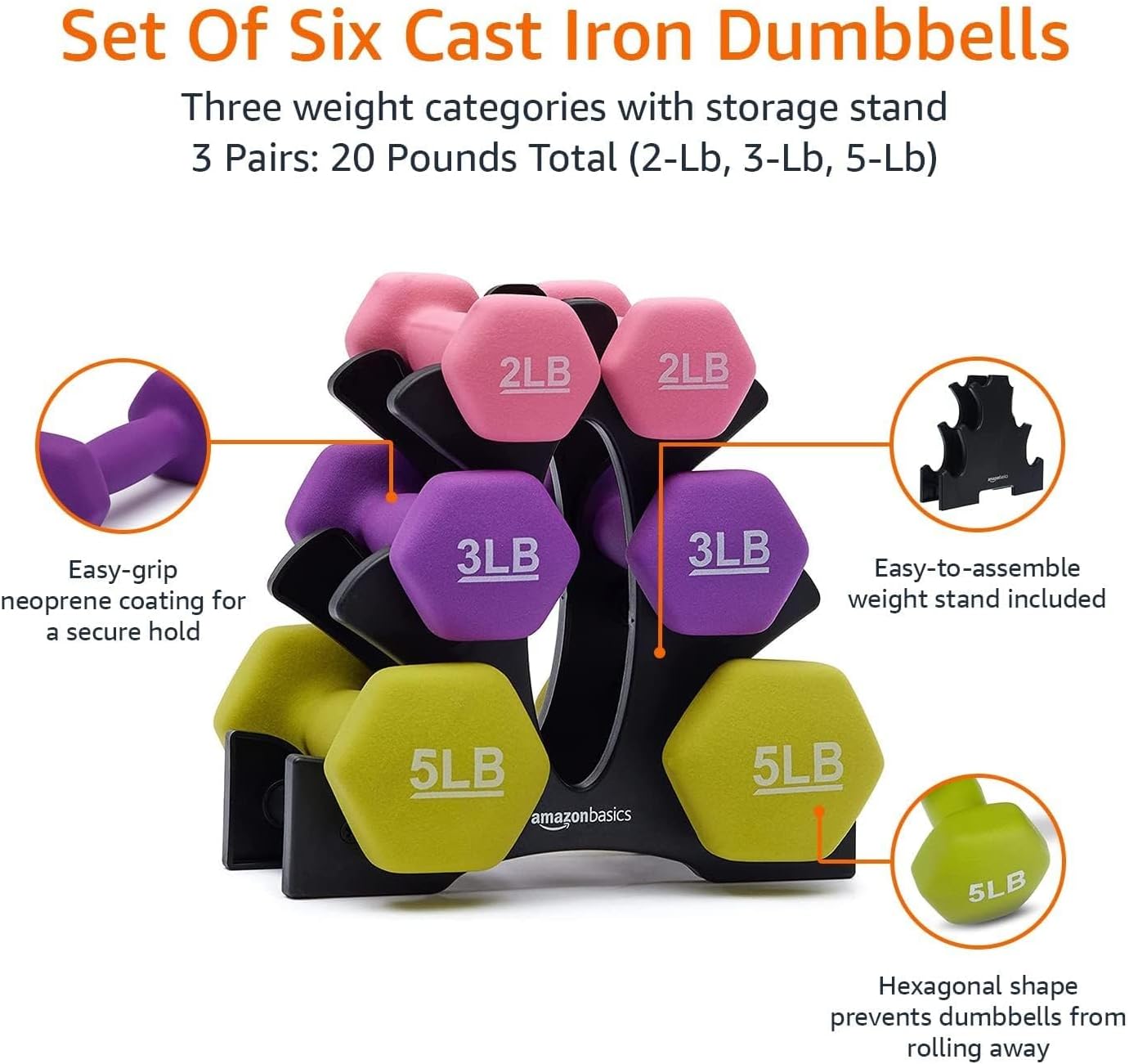 Amazon Basics Neoprene Hexagon Dumbbell Set with Stand; 20lbs total weight, Set of 6 (2, 3, 5 pound weights)