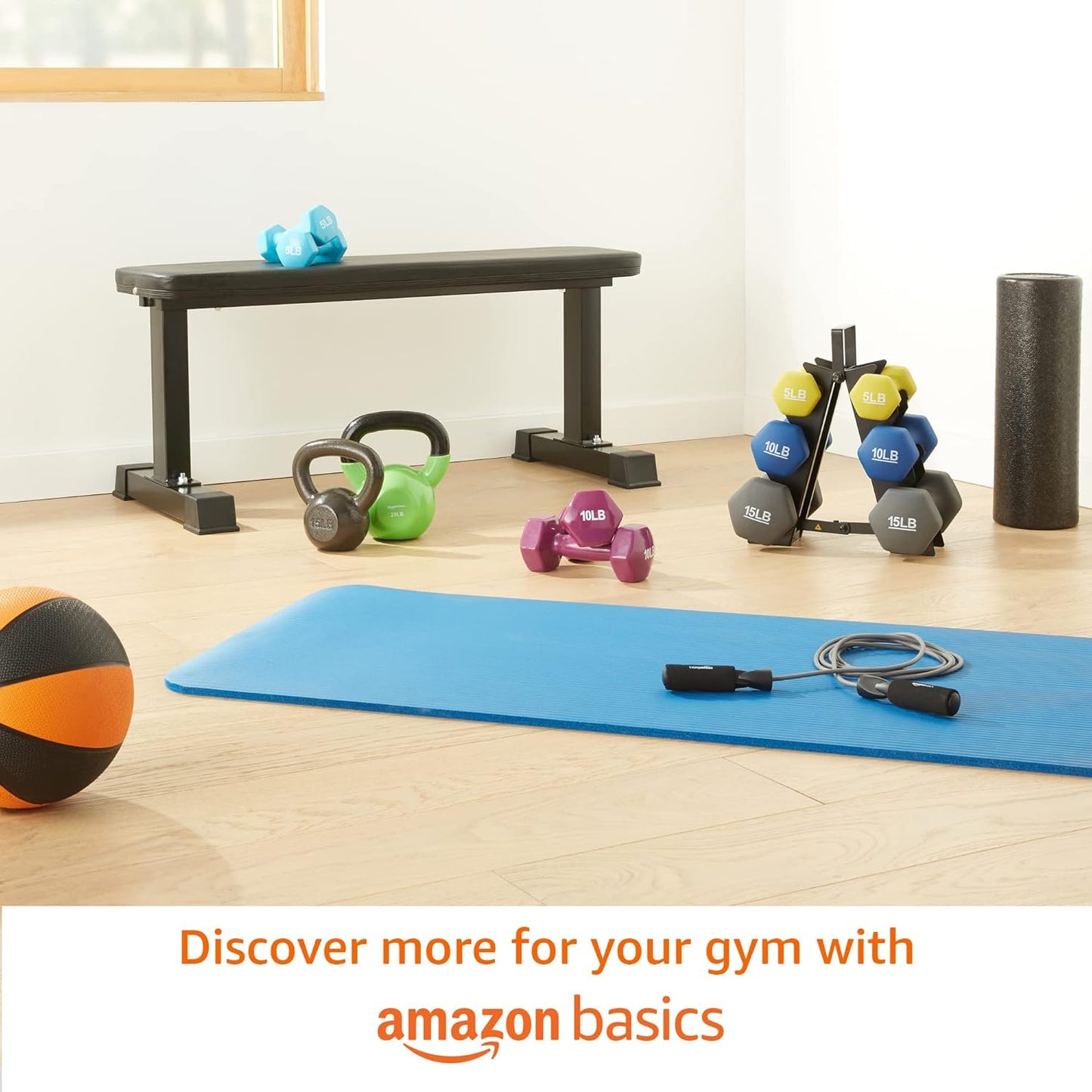 Amazon Basics Neoprene Hexagon Dumbbell Set with Stand; 20lbs total weight, Set of 6 (2, 3, 5 pound weights)