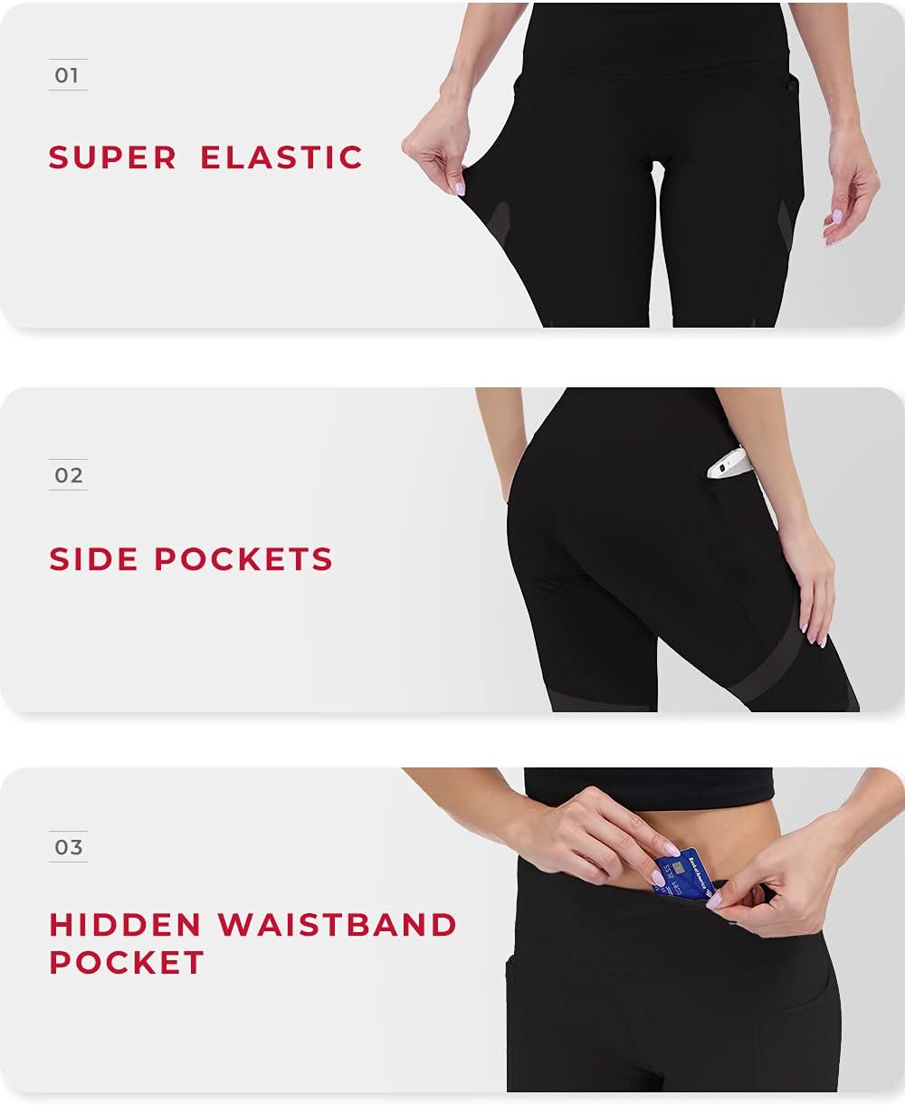 ALONG FIT Soft Mesh Yoga Pants with Side Pockets Workout High Waist Breathable Stretchy Leggings for Women, Black011