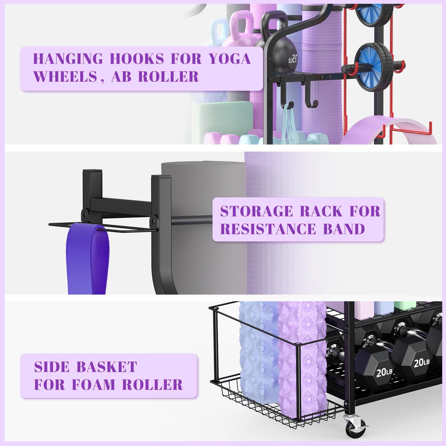 Mythinglogic Yoga Mat Storage Racks, Home Gym Storage Rack for Foam Roller, Resistance Band, Dumbbell, Kettlebell, Yoga Mat Holder, Workout Equipment Storage Organizer with Wheels and Hooks