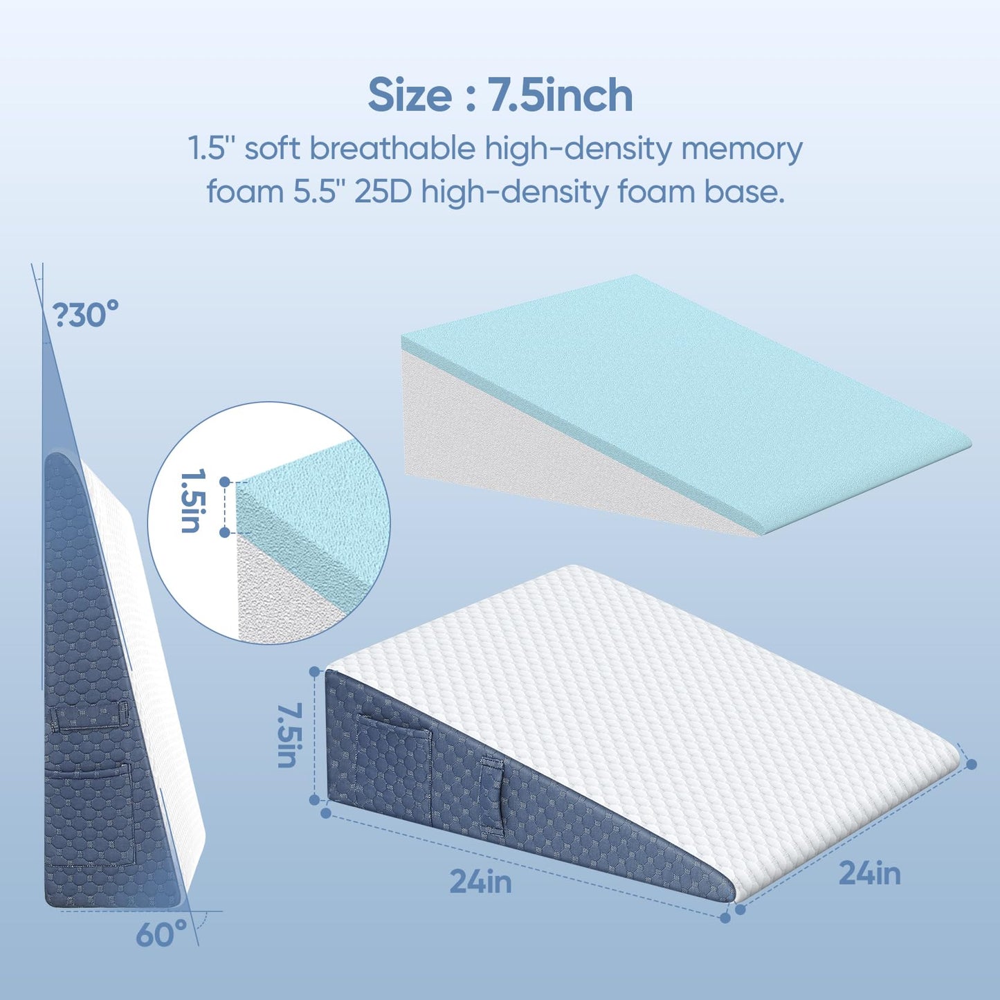 Wedge Pillows for Adults, 7.5 Inch Bed Wedge Pillow for Sleeping and Acid Reflux, Cooling-Gel Memory Foam Pillow Wedge for Post Surgery, Heartburn, GERD, Snoring, Triangle Pillow for Back Pain Relief