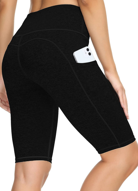 ALONG FIT 11" Biker Shorts for Women with Pockets High Waisted Yoga Running Workout Gym Short Tummy Control Black