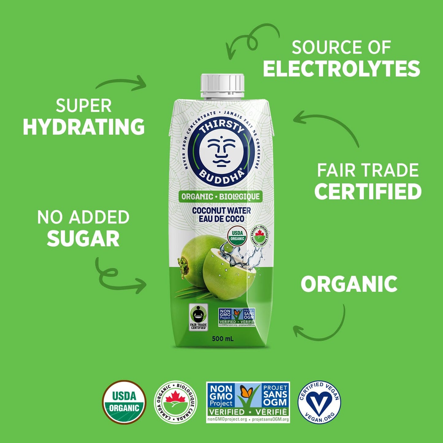 THIRSTY BUDDHA Coconut Water - Pure Coconut Water- Premium Coconut Water- Organic Coconut Water- Fair Trade Certified Coconut Water- All Natural Hydration – Electrolytes – Sports Drink- No Added Sugar– Vegan –Non-GMO Coconut Water, 500ml (12/500ml)