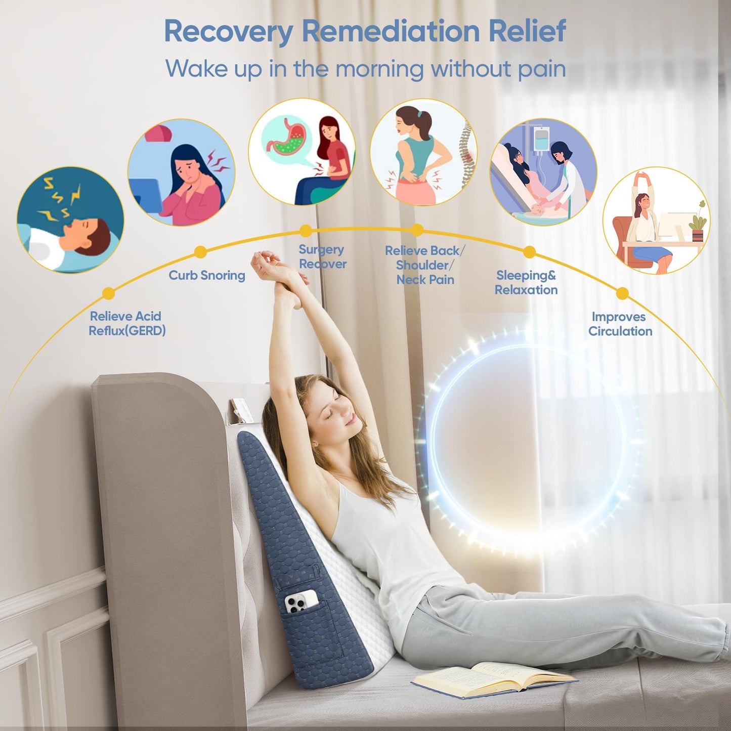 Wedge Pillows for Adults, 7.5 Inch Bed Wedge Pillow for Sleeping and Acid Reflux, Cooling-Gel Memory Foam Pillow Wedge for Post Surgery, Heartburn, GERD, Snoring, Triangle Pillow for Back Pain Relief