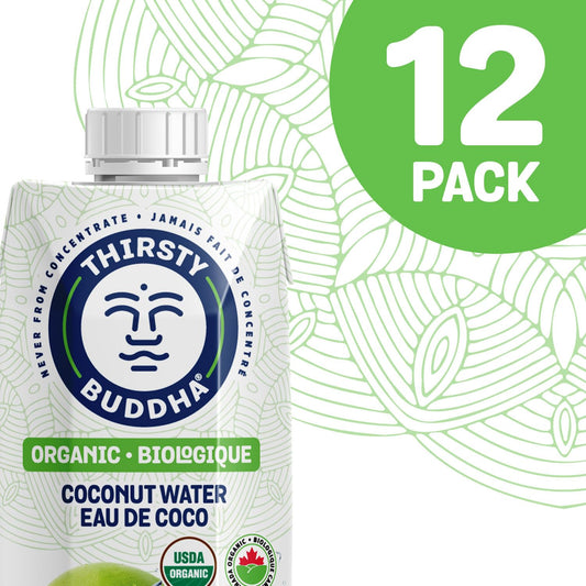 THIRSTY BUDDHA Coconut Water - Pure Coconut Water- Premium Coconut Water- Organic Coconut Water- Fair Trade Certified Coconut Water- All Natural Hydration – Electrolytes – Sports Drink- No Added Sugar– Vegan –Non-GMO Coconut Water, 500ml (12/500ml)