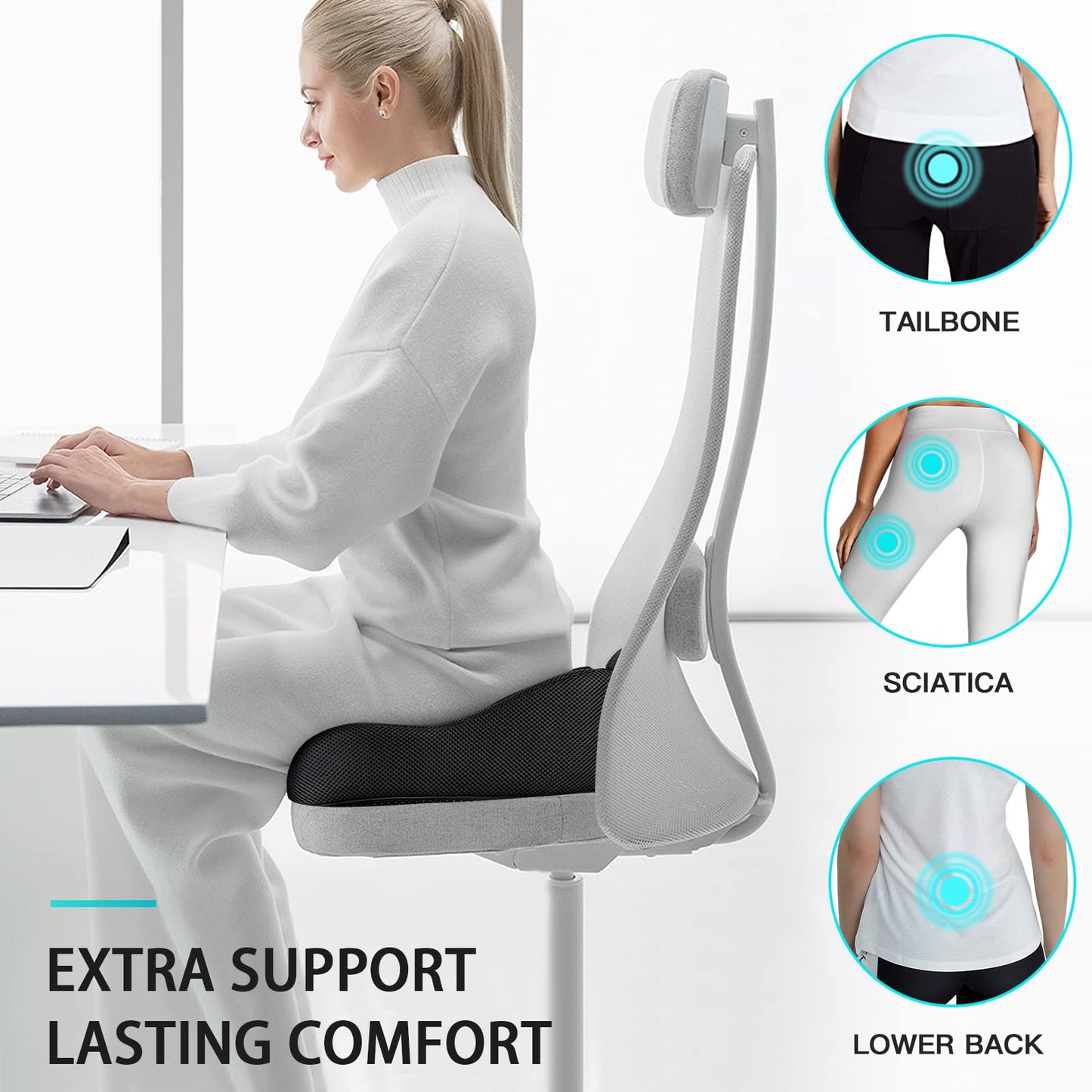 Benazcap X Large Memory Seat Cushion for Office Chair Pressure Relief Sciatica & Tailbone Pain Relief Memory Foam Firm Coccyx Pad for Long Sitting, for Office Chair, Gaming Chair and Car Seat