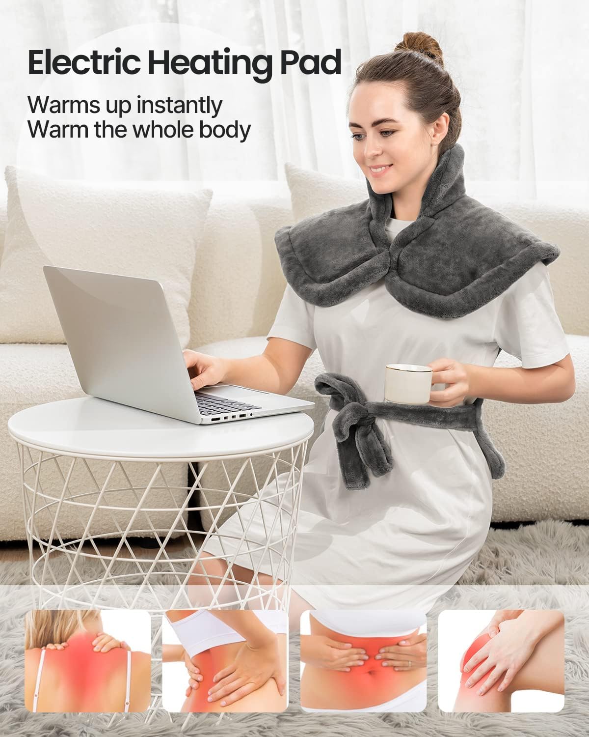 RENPHO Heating Pad Electric for Back, 24"x33" Edge Weighted Heat Pad for Neck and Shoulders, Fast-Heating, Auto Shut Off, ETL Certified, Gray