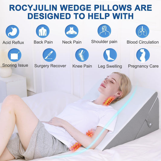 ROCYJULIN Wedge Pillow for Adults, Adjustable Bed Wedge Pillow for Sleeping, Acid Reflux, Heartburn, Gerd, Memory Foam Triangle Pillow Wedge for Recovering from Surgery, Dark Grey and White