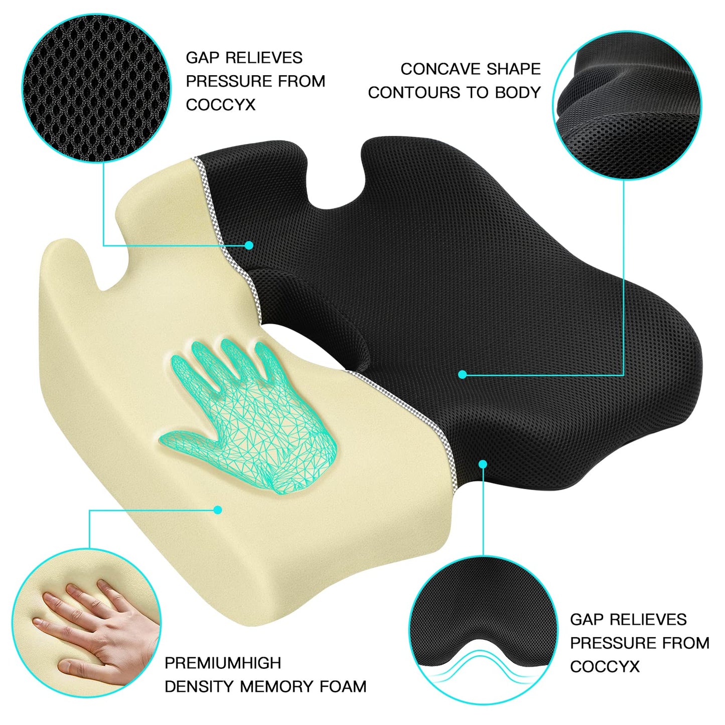 Benazcap X Large Memory Seat Cushion for Office Chair Pressure Relief Sciatica & Tailbone Pain Relief Memory Foam Firm Coccyx Pad for Long Sitting, for Office Chair, Gaming Chair and Car Seat