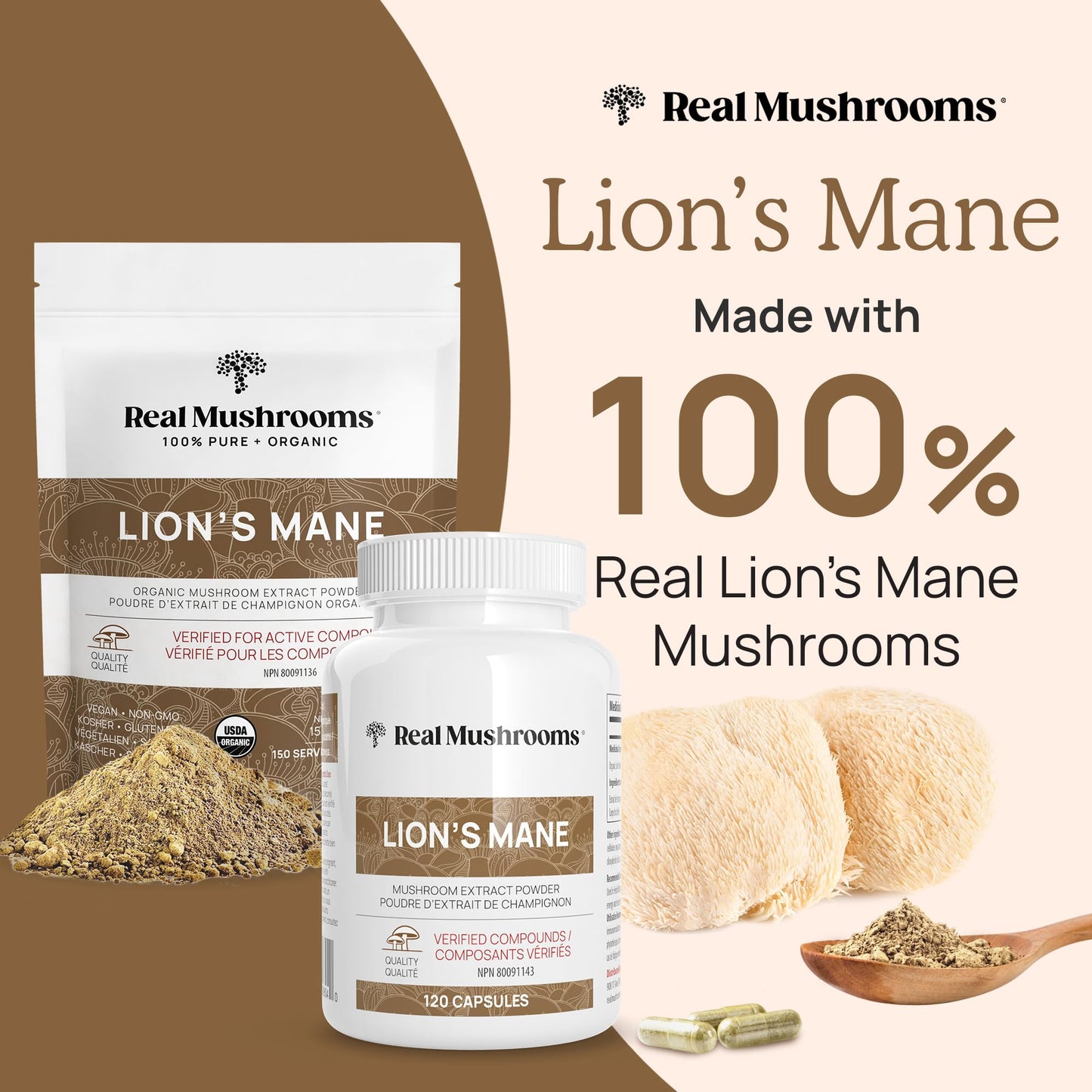 Real Mushrooms Lion’s Mane Powder - Organic Lions Mane Mushroom Extract with Immunomodulating Properties & Antioxidants - Vegan Mushroom Supplement, 60 Servings