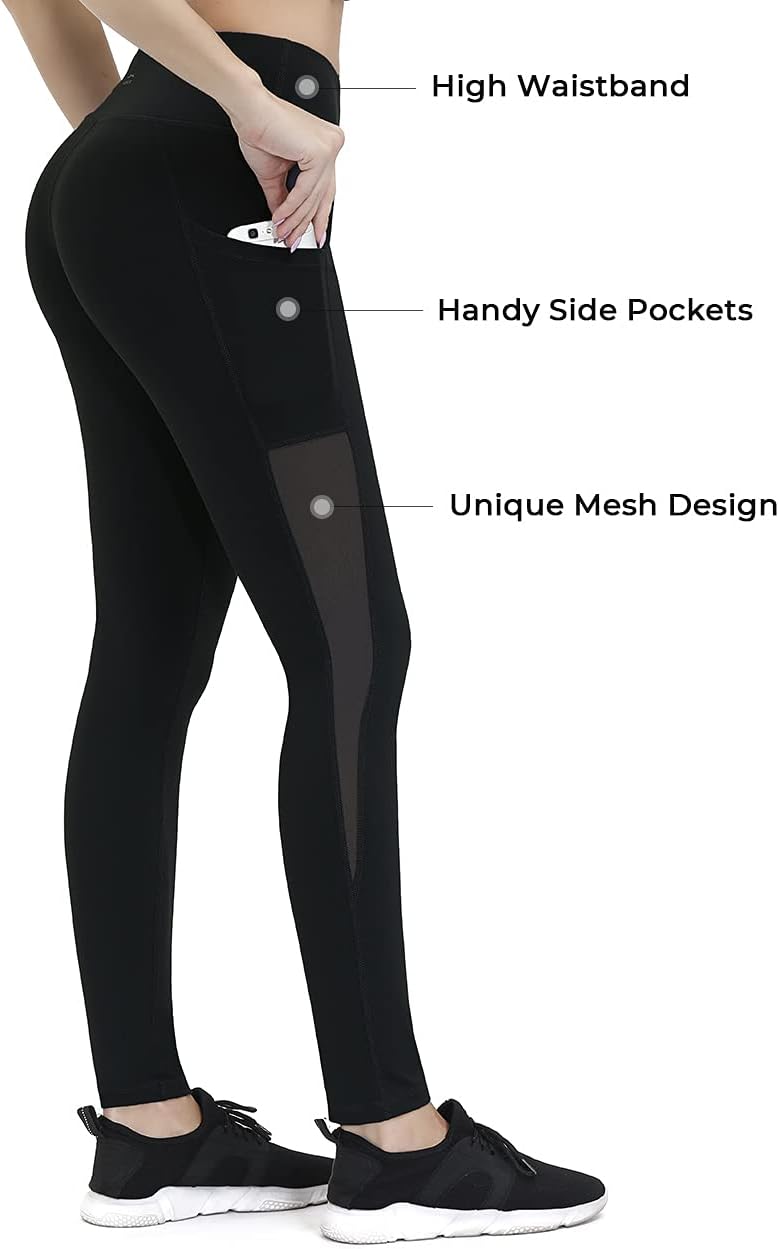 ALONG FIT Soft Mesh Yoga Pants with Side Pockets Workout High Waist Breathable Stretchy Leggings for Women, Black007