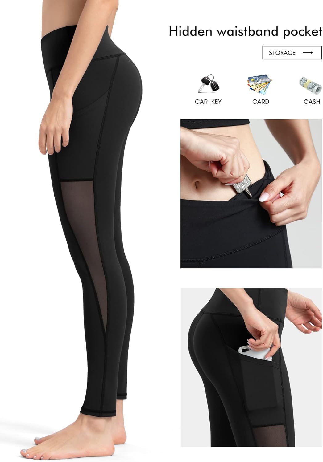 ALONG FIT Soft Mesh Yoga Pants with Side Pockets Workout High Waist Breathable Stretchy Leggings for Women, Black007