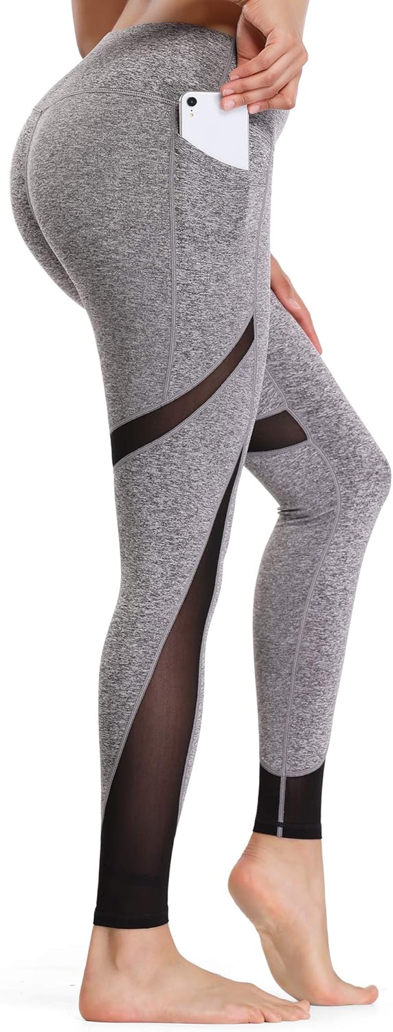 ALONG FIT Soft Mesh Yoga Pants with Side Pockets Workout High Waist Breathable Stretchy Leggings for Women, Charcoal Grey 011