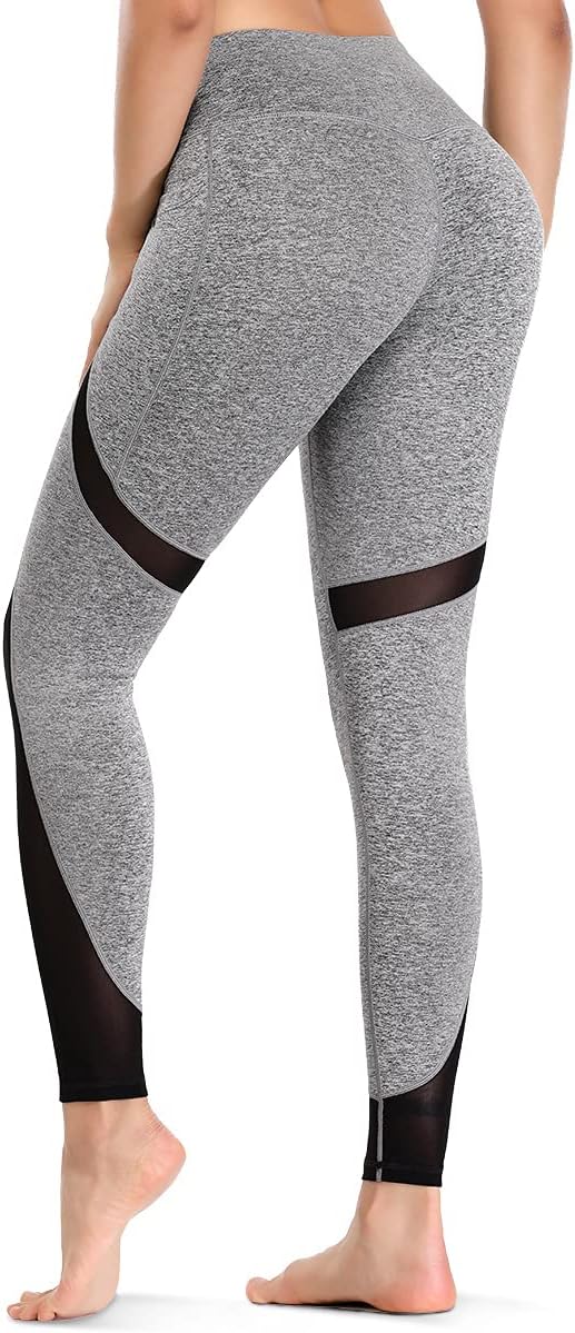 ALONG FIT Soft Mesh Yoga Pants with Side Pockets Workout High Waist Breathable Stretchy Leggings for Women, Charcoal Grey 011