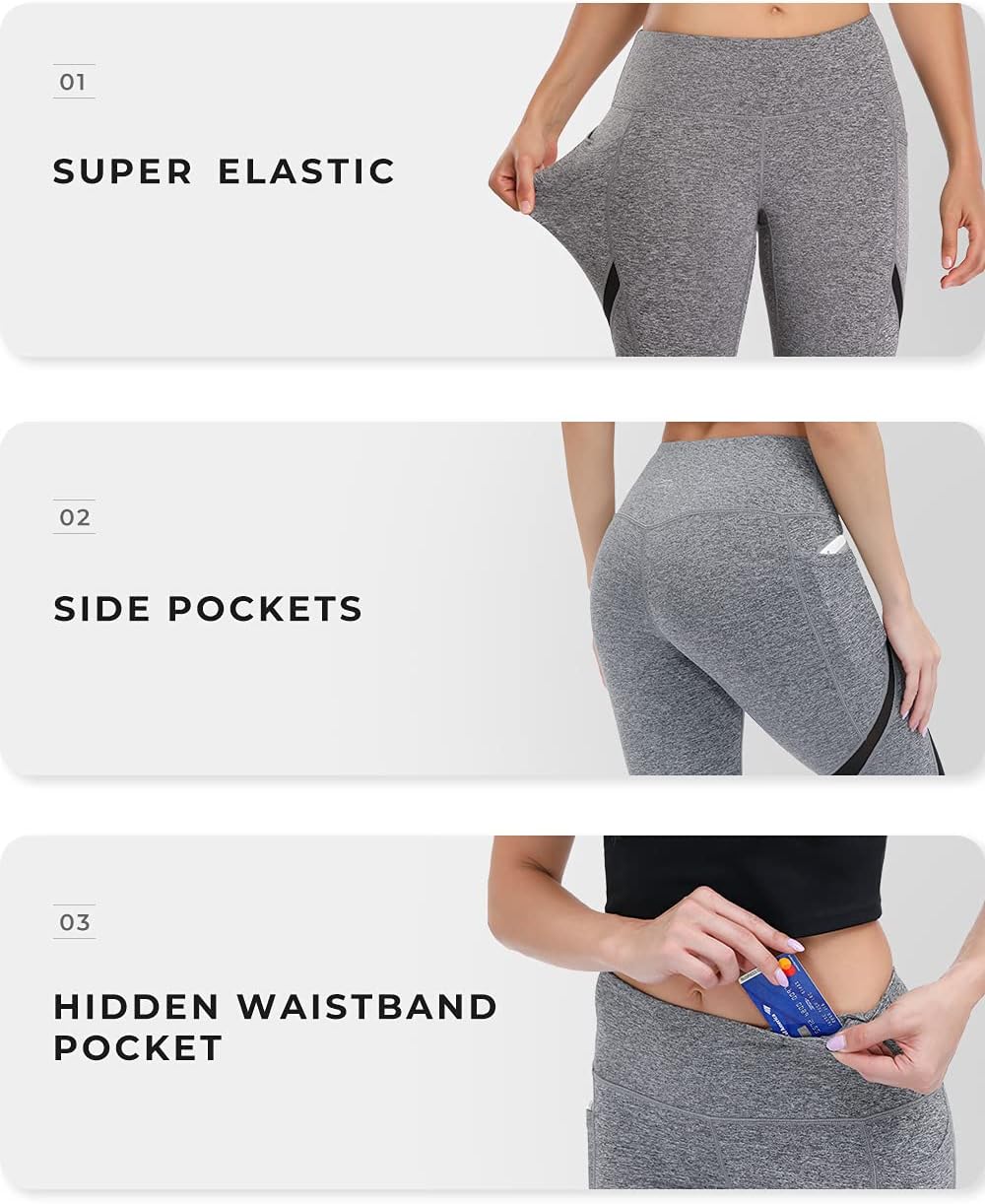 ALONG FIT Soft Mesh Yoga Pants with Side Pockets Workout High Waist Breathable Stretchy Leggings for Women, Charcoal Grey 011