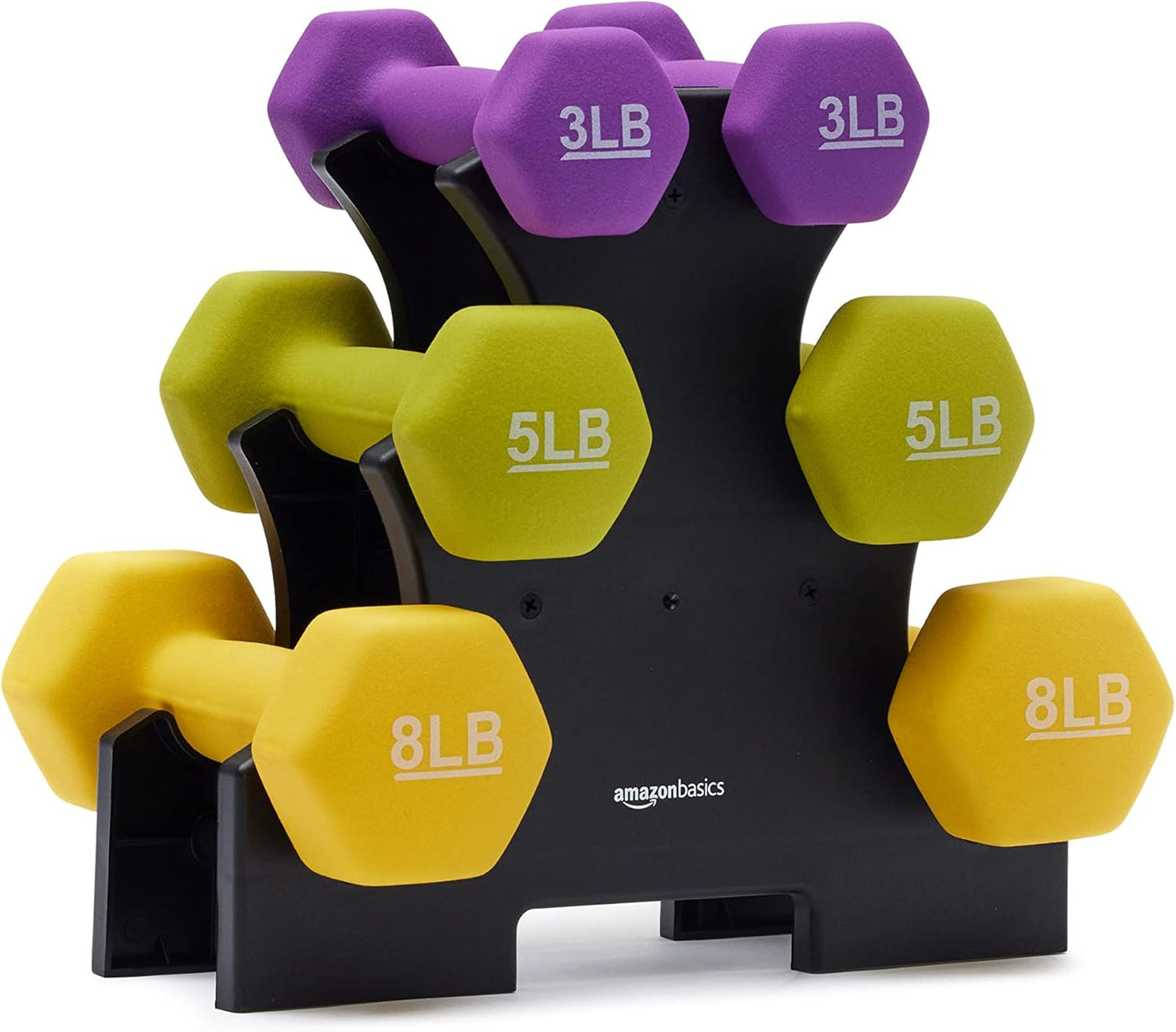 Amazon Basics Neoprene Hexagon Dumbbell Set with Stand; 32lbs total weight, Set of 6 (3, 5, 8 pound weights)