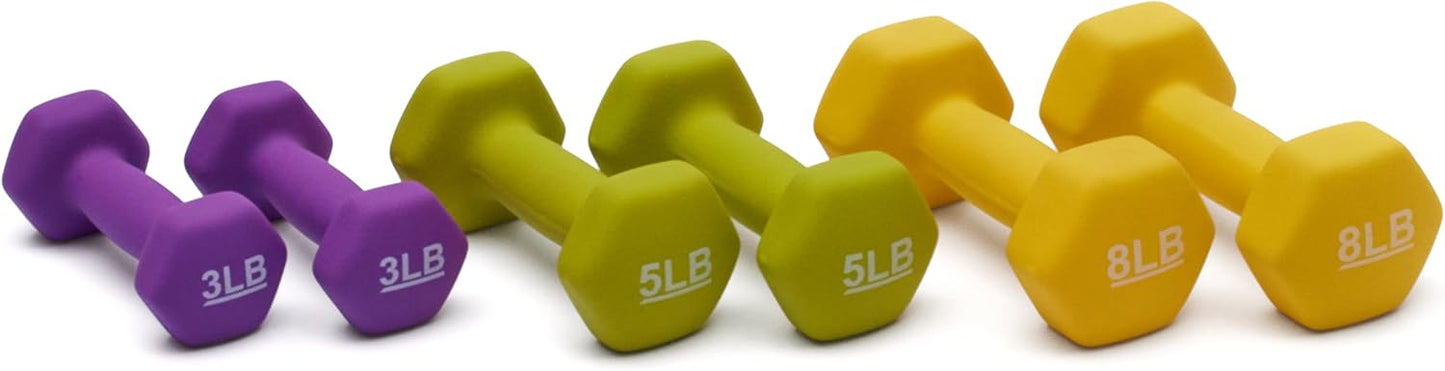 Amazon Basics Neoprene Hexagon Dumbbell Set with Stand; 32lbs total weight, Set of 6 (3, 5, 8 pound weights)