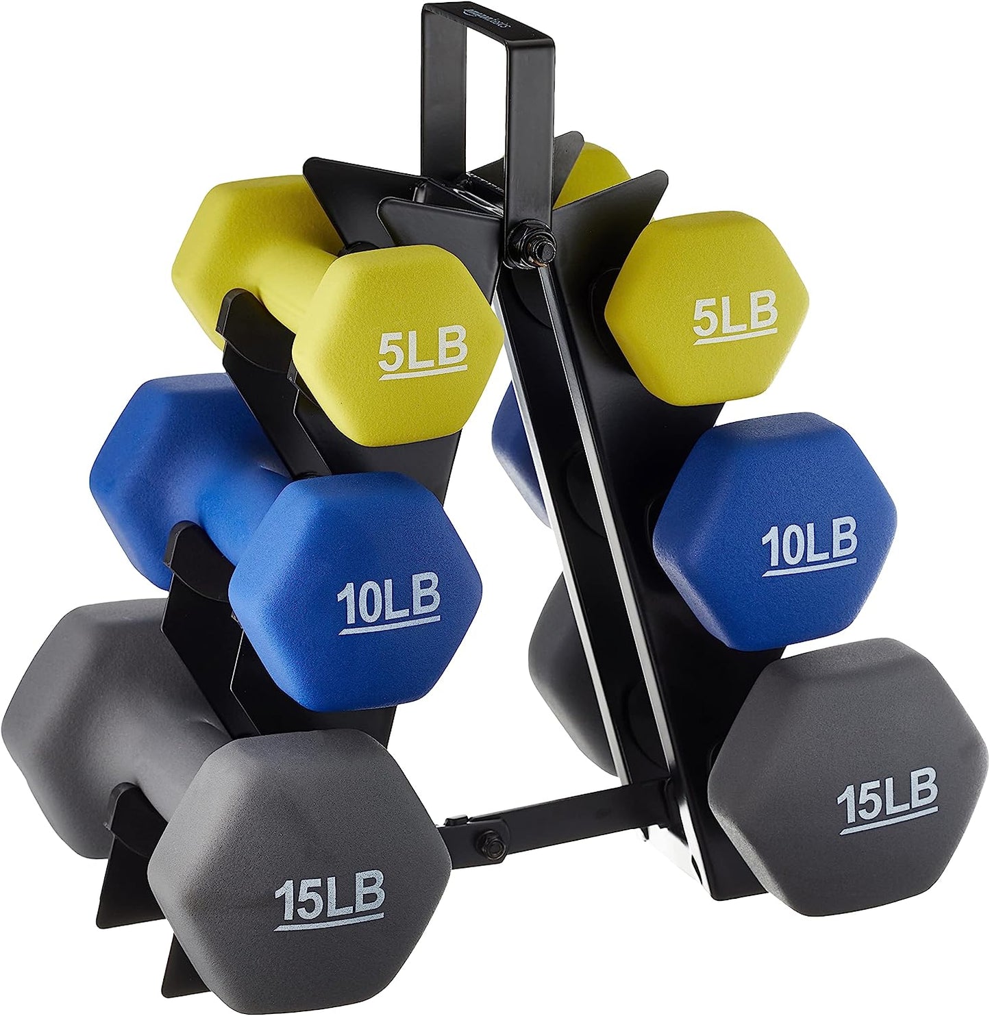 Amazon Basics Neoprene Hexagon Dumbbell Set with Stand; 60lbs total weight, Set of 6 (5, 10, 15 pound weights)
