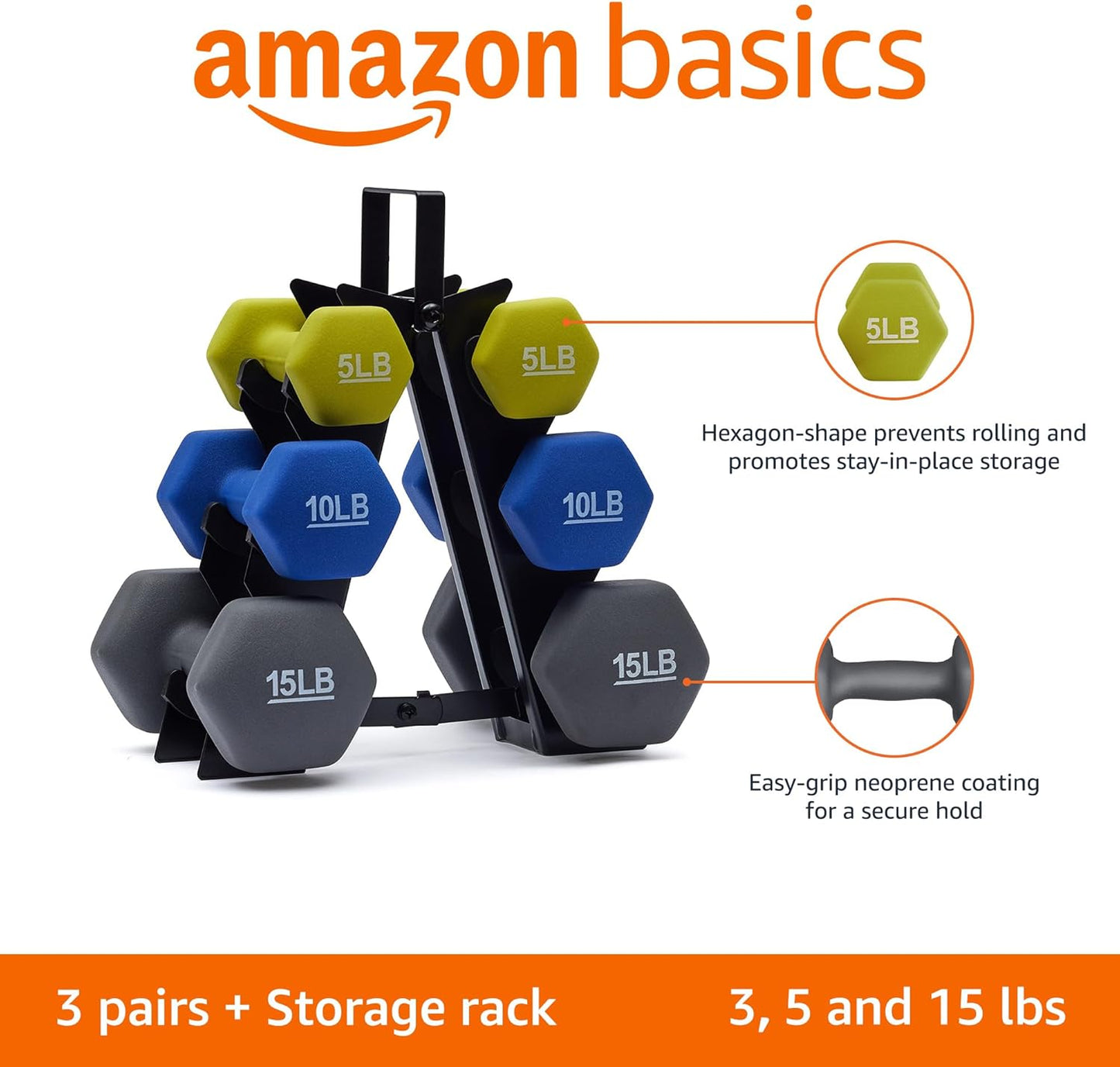 Amazon Basics Neoprene Hexagon Dumbbell Set with Stand; 60lbs total weight, Set of 6 (5, 10, 15 pound weights)