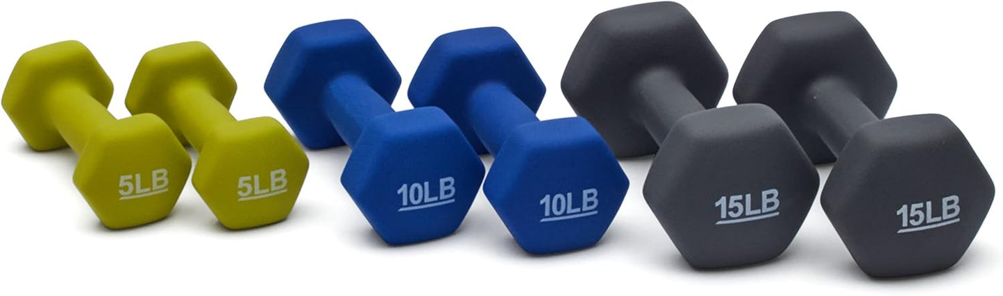 Amazon Basics Neoprene Hexagon Dumbbell Set with Stand; 60lbs total weight, Set of 6 (5, 10, 15 pound weights)