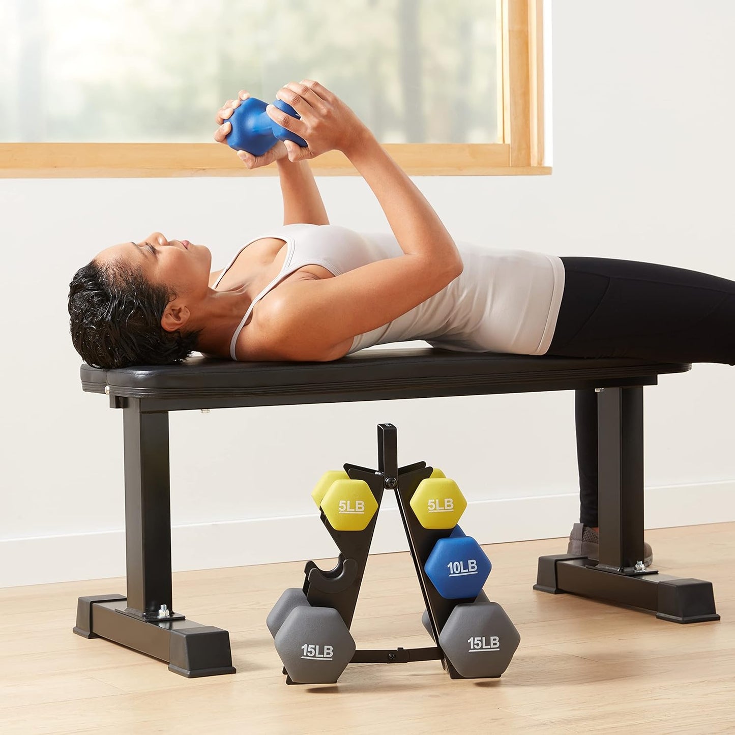 Amazon Basics Neoprene Hexagon Dumbbell Set with Stand; 60lbs total weight, Set of 6 (5, 10, 15 pound weights)